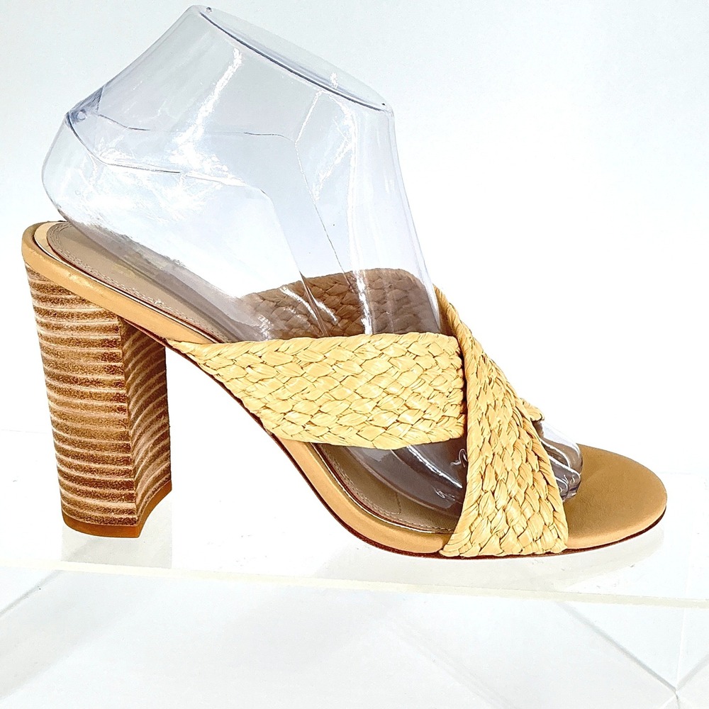 PAIGE Size 8 Tan Woven Straw Crisscross Block Heel Mules Sandals NEW Nova $270